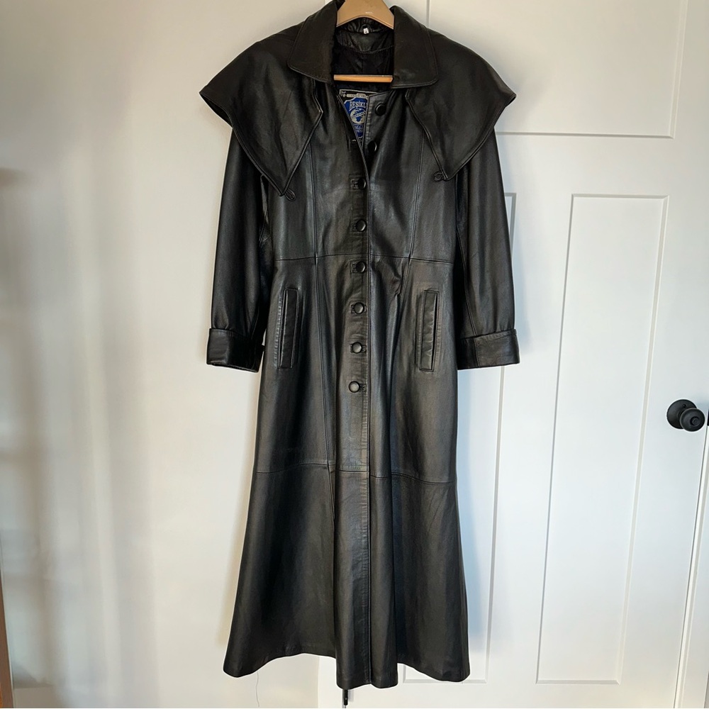 Besikler European Belted Full Length Leather Trench Coat Black size S - Picture 7 of 12